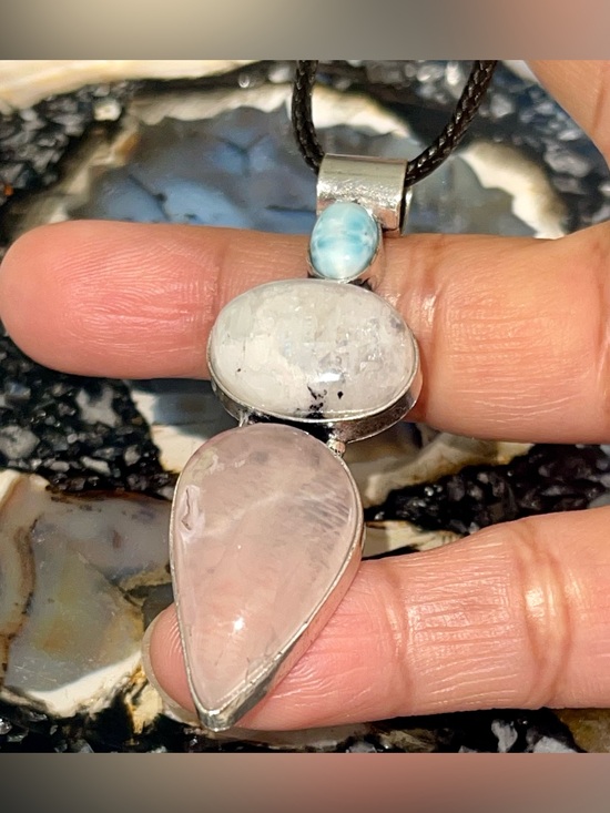 handmade & handcrafted gemstone jewelry Jewelry - Petite Larimar, Rainbow Moonstone & Rose Quartz Crystal Pendant 2 1/2”